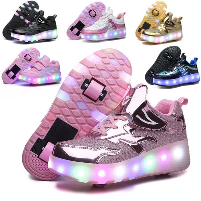 2026 Novas Crianças Sapatos De Caminhada Roda Dupla Meninas Respirável LED Brilho USB Recarregável Esportes Ao Ar Livre