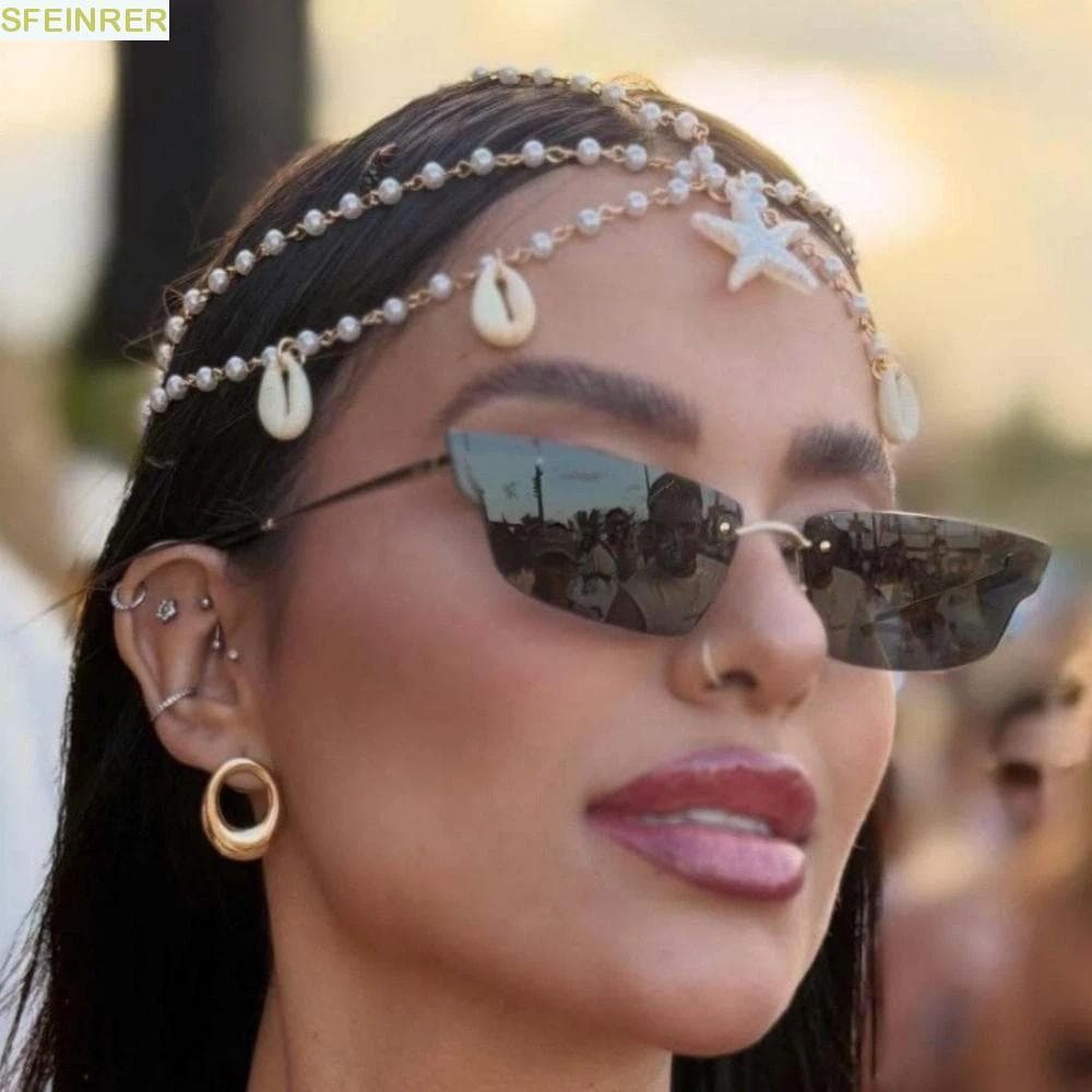 Corrente De Cabeça Boho SFEINRER , Cabelo Boêmia Estilo Oceano Pérola , Peça Elegante Com Contas De Estrela Do Mar Da Mo