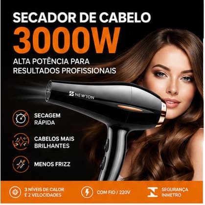 Secador de Cabelo Profissional 3000W 220V 3 Temperaturas 2 Velocidades Kit Com 2 Bicos e 2 Pentes Cabo 2m INMETRO