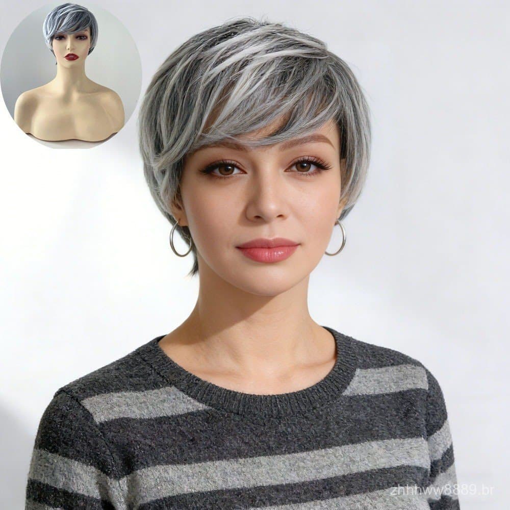 Nova peruca feminina, moda europeia e americana, cabelo curto e liso, peruca de fibra sintética em cores mistas preto e