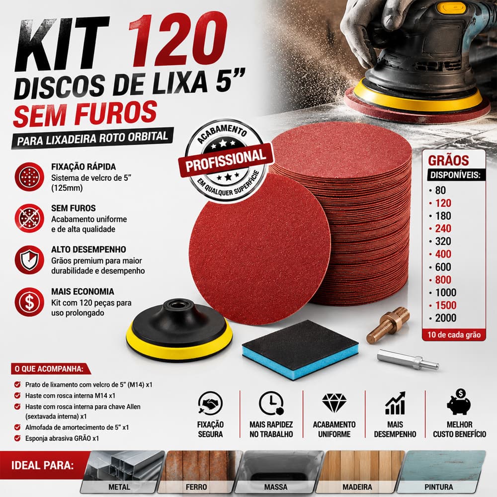 Kit Base + 120 Disco Lixa Velcro Sem Furos Roto Orbital Lixadeira para Ferro, Metal, Massa e Madeira 125mm