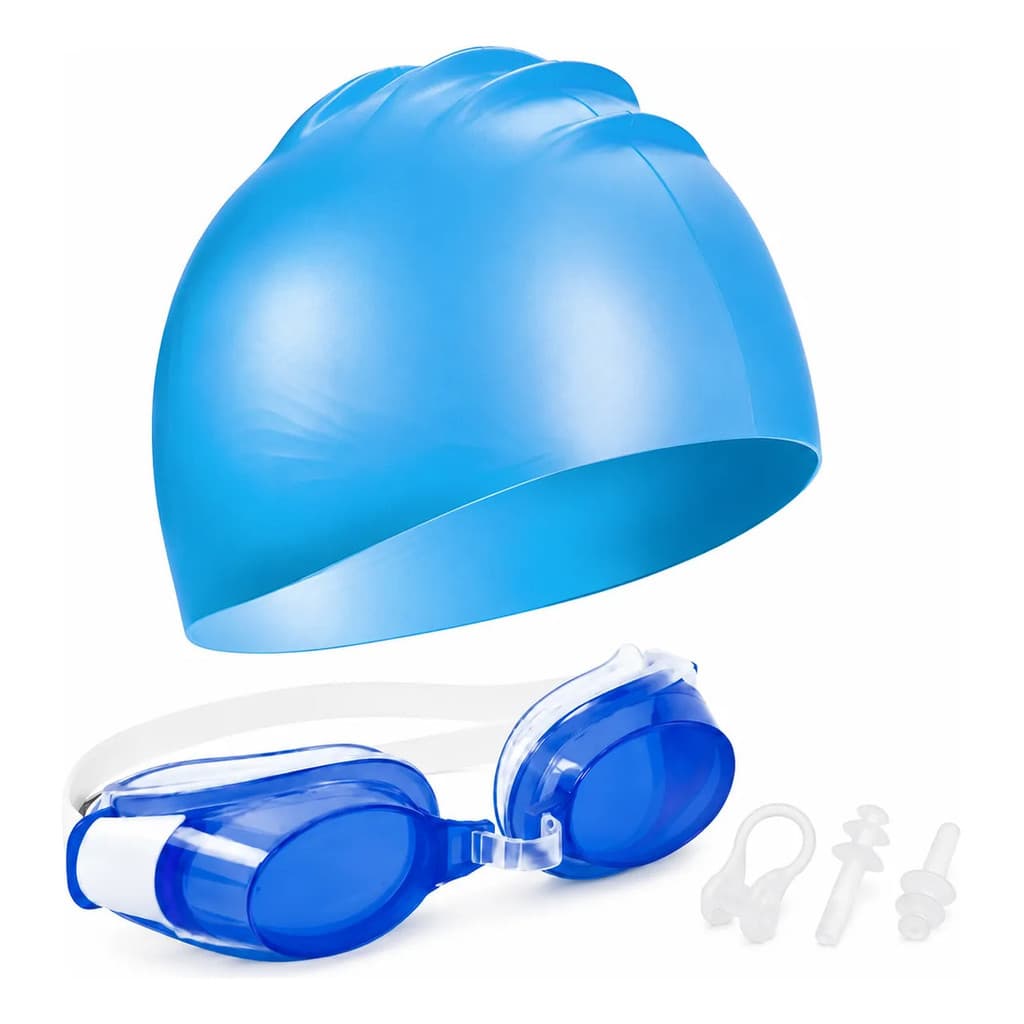 Kit Natação Petrin Touca Silicone E Óculos Com Estojo Azul