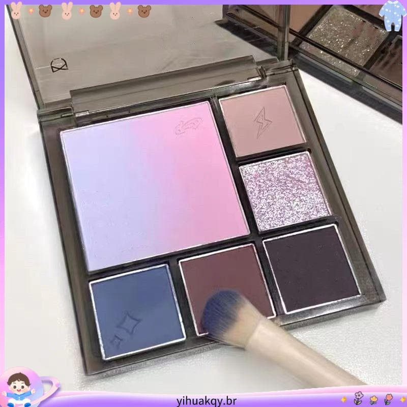 Paleta de sombras com gradiente de inchaço frio, 6 cores, baixa saturação, tom frio, pó de fumaça, cinza, marrom, azul,