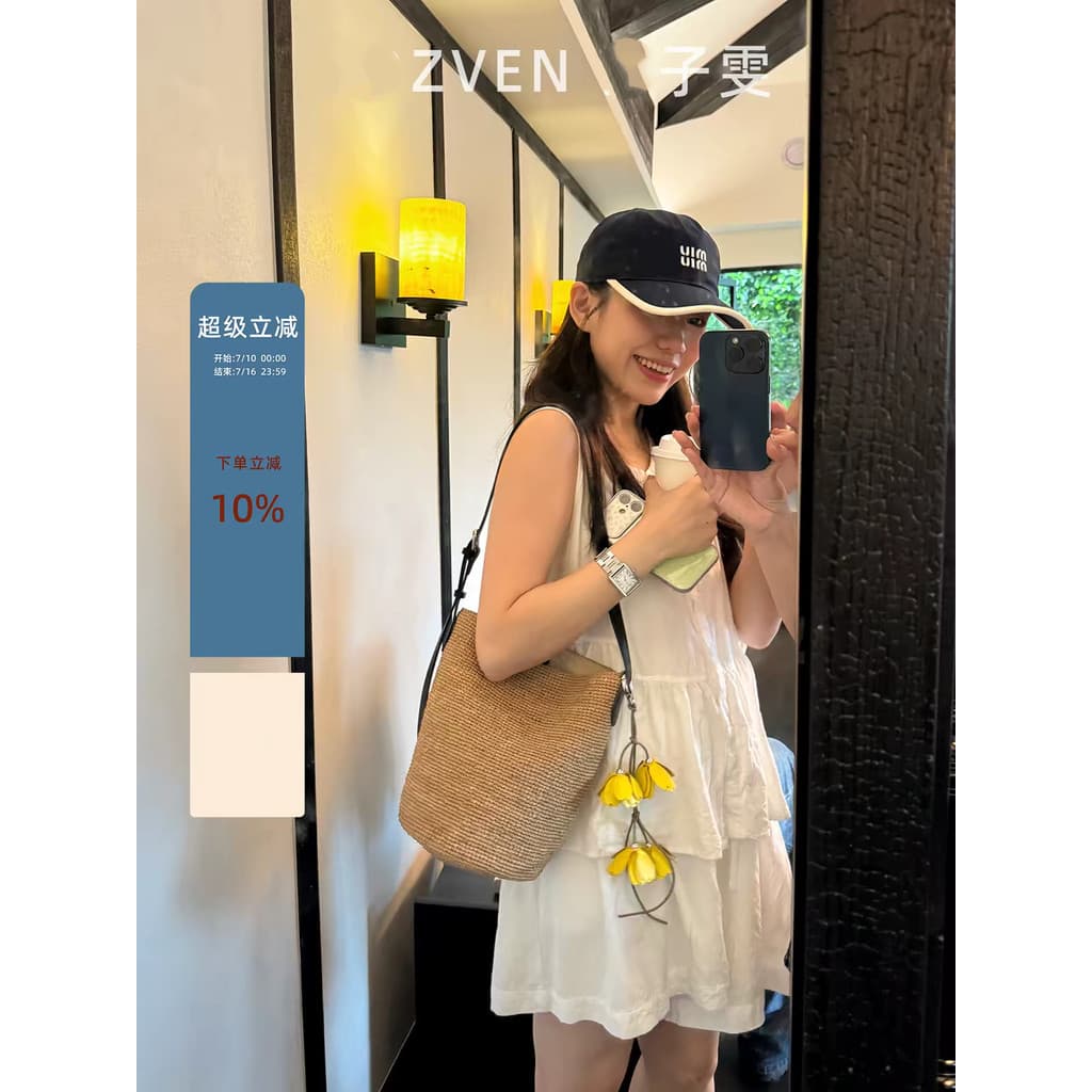 Saco balde de palha 2026 novo estilo Retro férias viagem Commuter ráfia tecido de um ombro mensageiro saco de grande cap