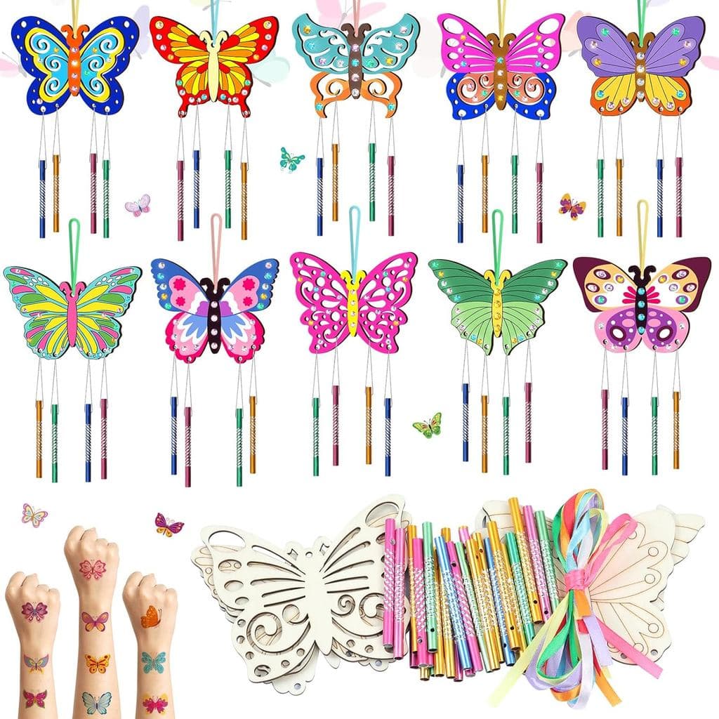 Kit de 10 Peças para Fazer Sinos de Vento de Borboleta para Crianças, Faça Seu Próprio Sino de Vento de Borboleta, Artes