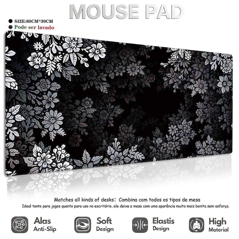 Mouse Pad Floral Preto e Cinza 80×30cm Tapete de Mesa Antiderrapante com Borda Costurada Reforçada para Teclado