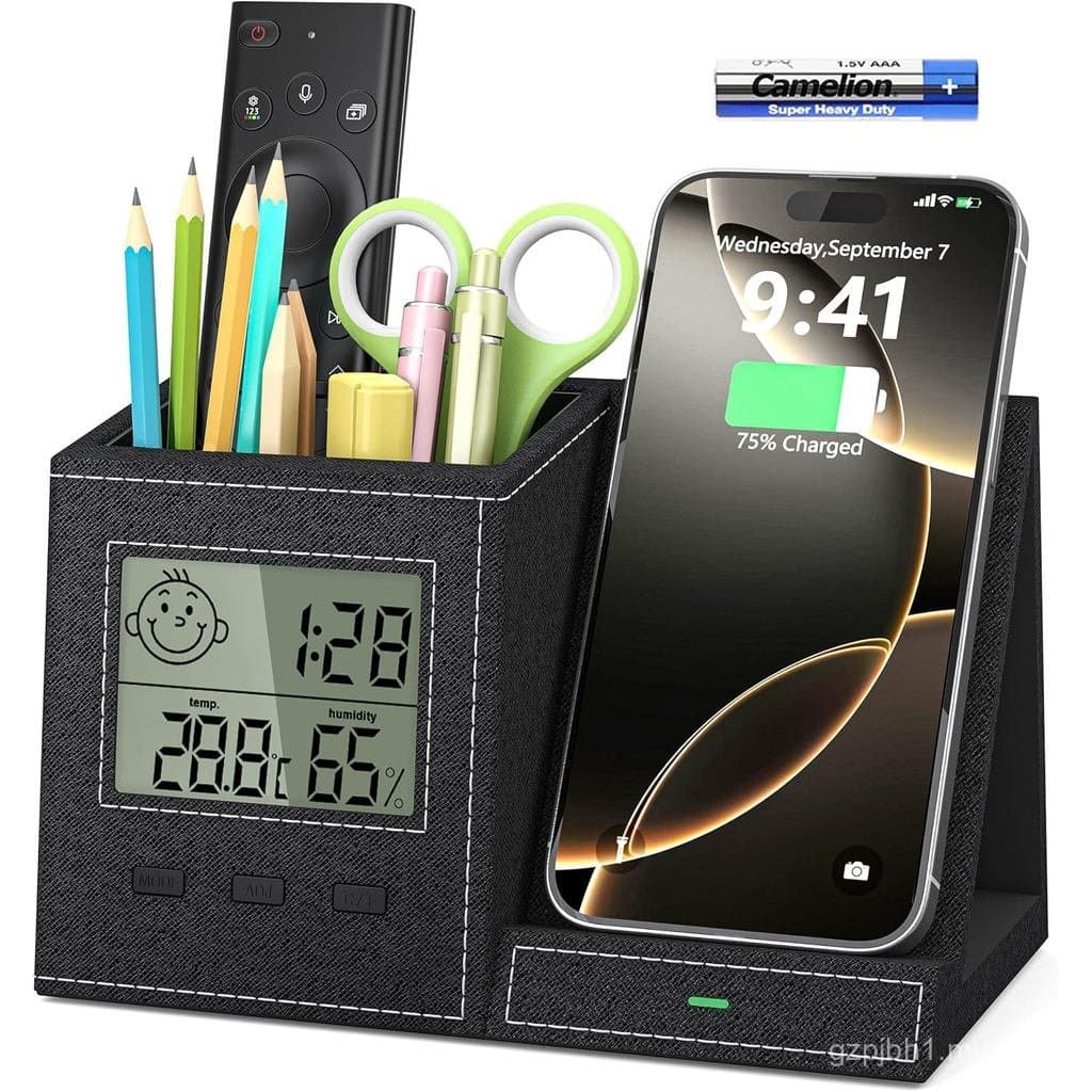 e Organizador de Canetas Multifuncional para Mesa com Carregador Sem Fio, Termômetro Digital Interno e Medidor d