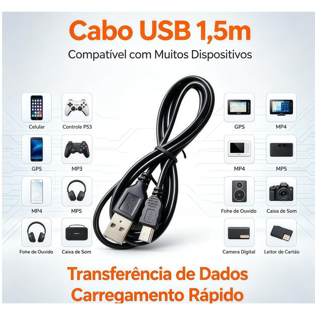 Cabo USB Mini USB V3 1,5m Carregamento e Dados | Compatível Controle PS3 GPS MP3 | Câmera Caixa Som