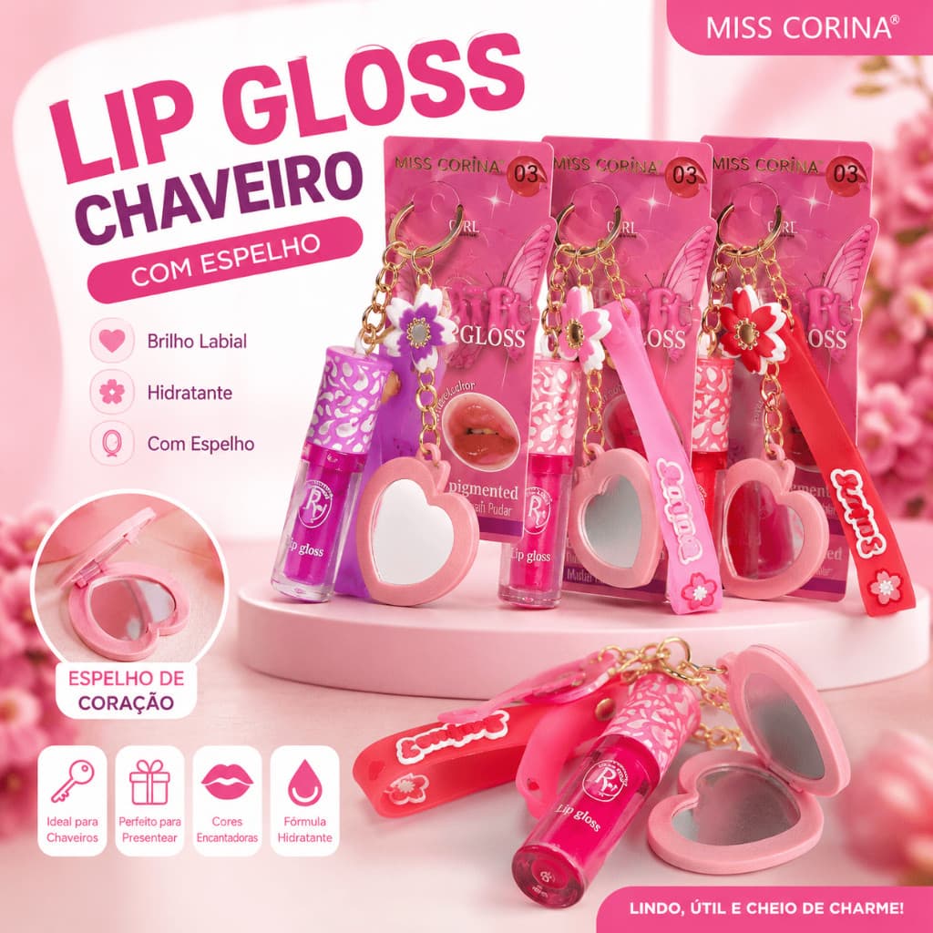 Chaveiro Lip Gloss Com Espelho Coração Miss Corina Brilho Labial
