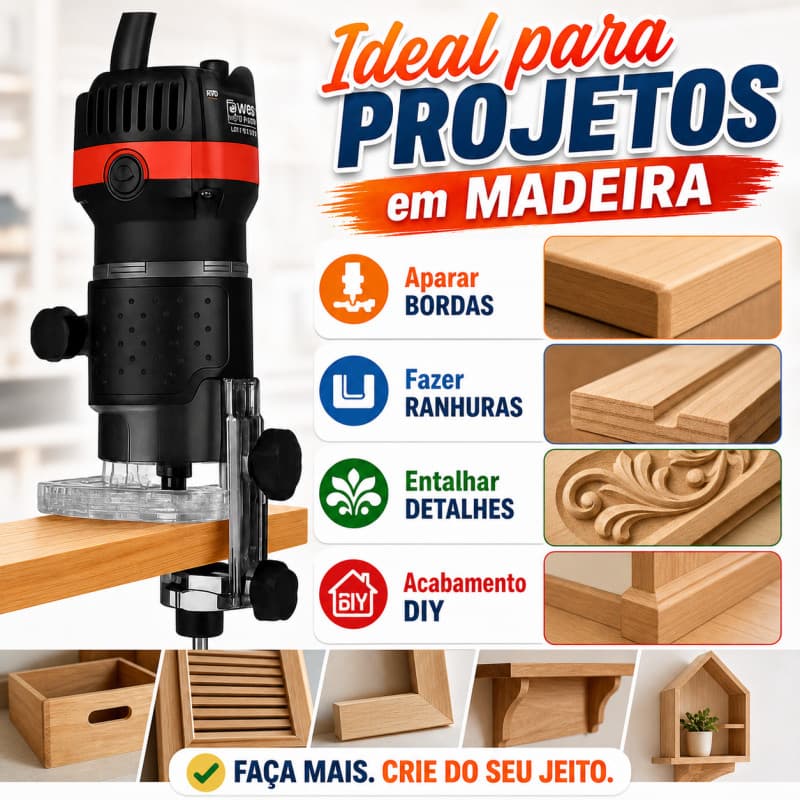Kit Tupia/Laminadora 800W 6mm 110/220V c/ 15 Fresas 1/4" e Acessórios | Profissional Completo