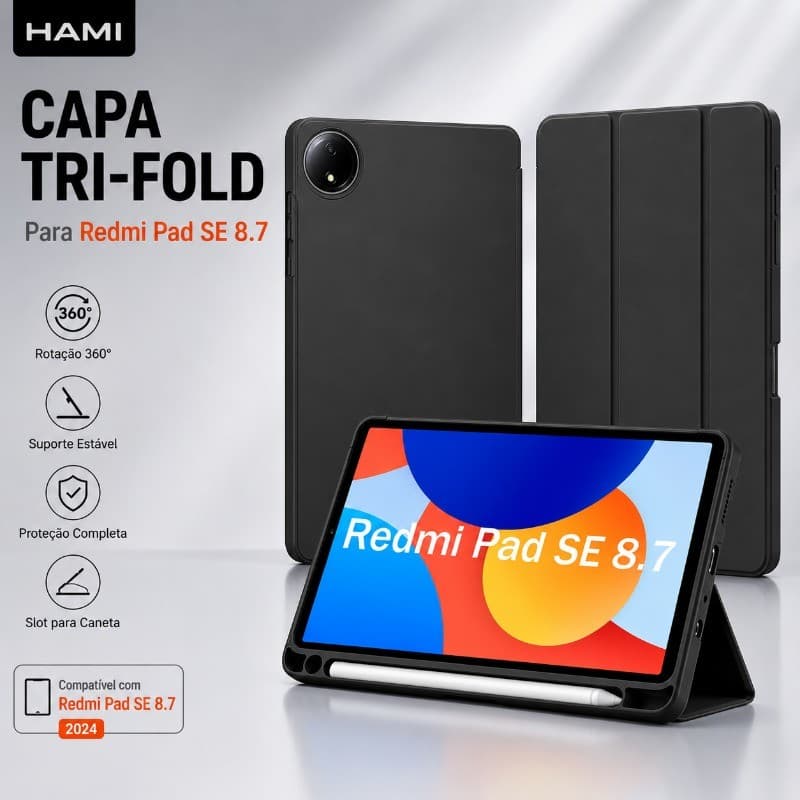 Capa Xiaomi Redmi Pad SE 8.7 2024 com Porta Caneta, TPU Antichoque, Auto Wake/Sleep, Preto