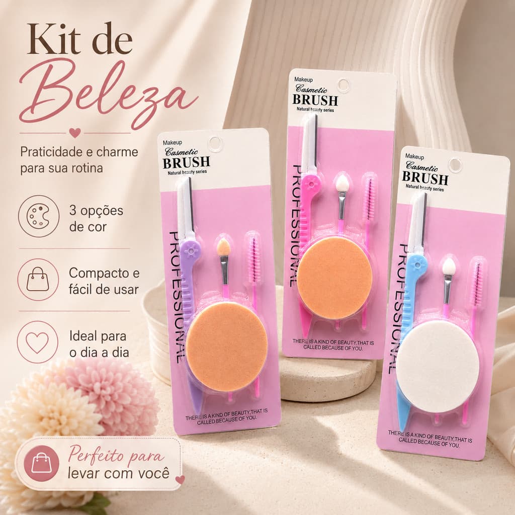 Kit 4 em 1 de Maquiagem e Sobrancelhas - Navalha, Puff, Pincel e Escova