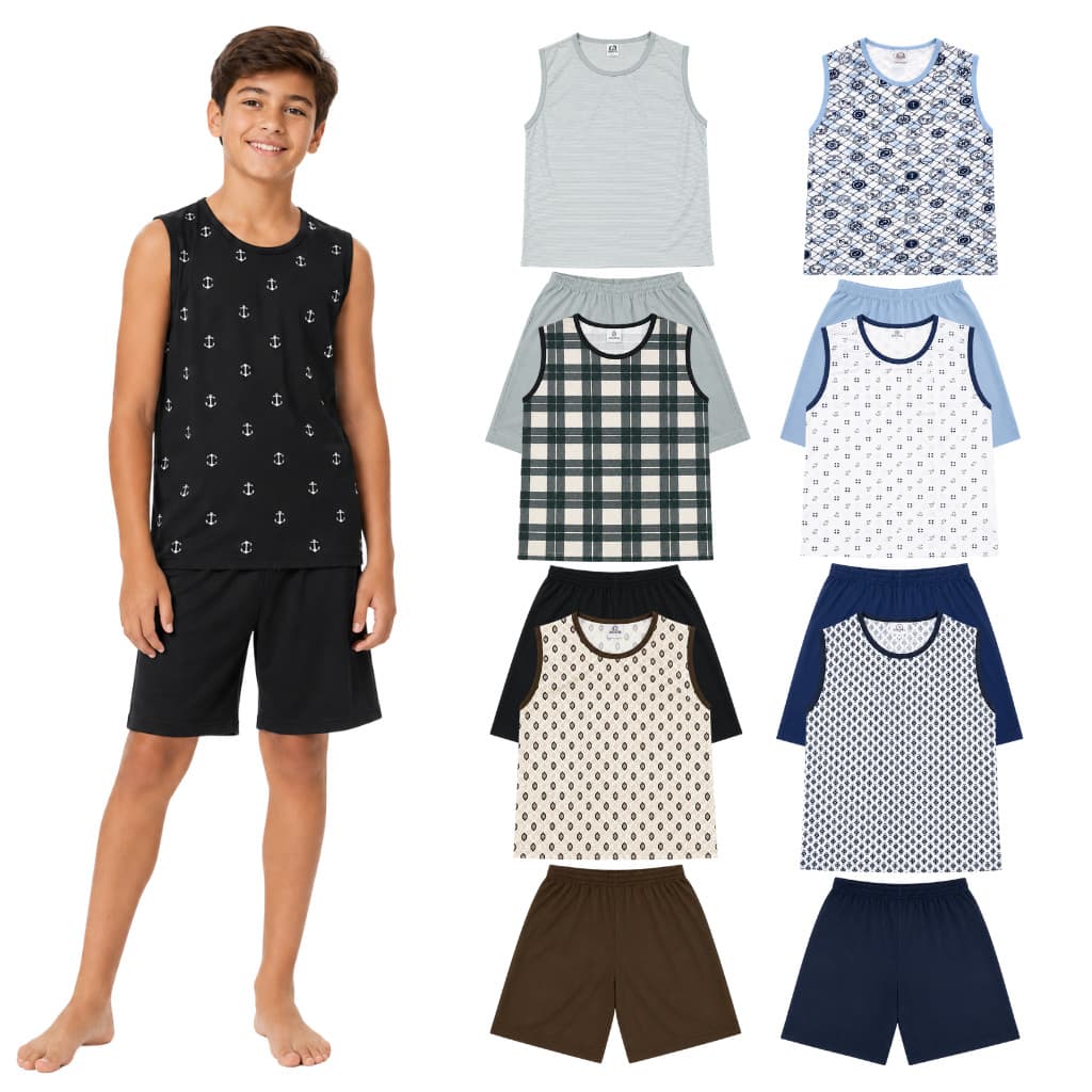 Kit 2 Pijamas Regata Machão e Short Estampas Sortidas Juvenil Masculino Tam. 10 ao 16