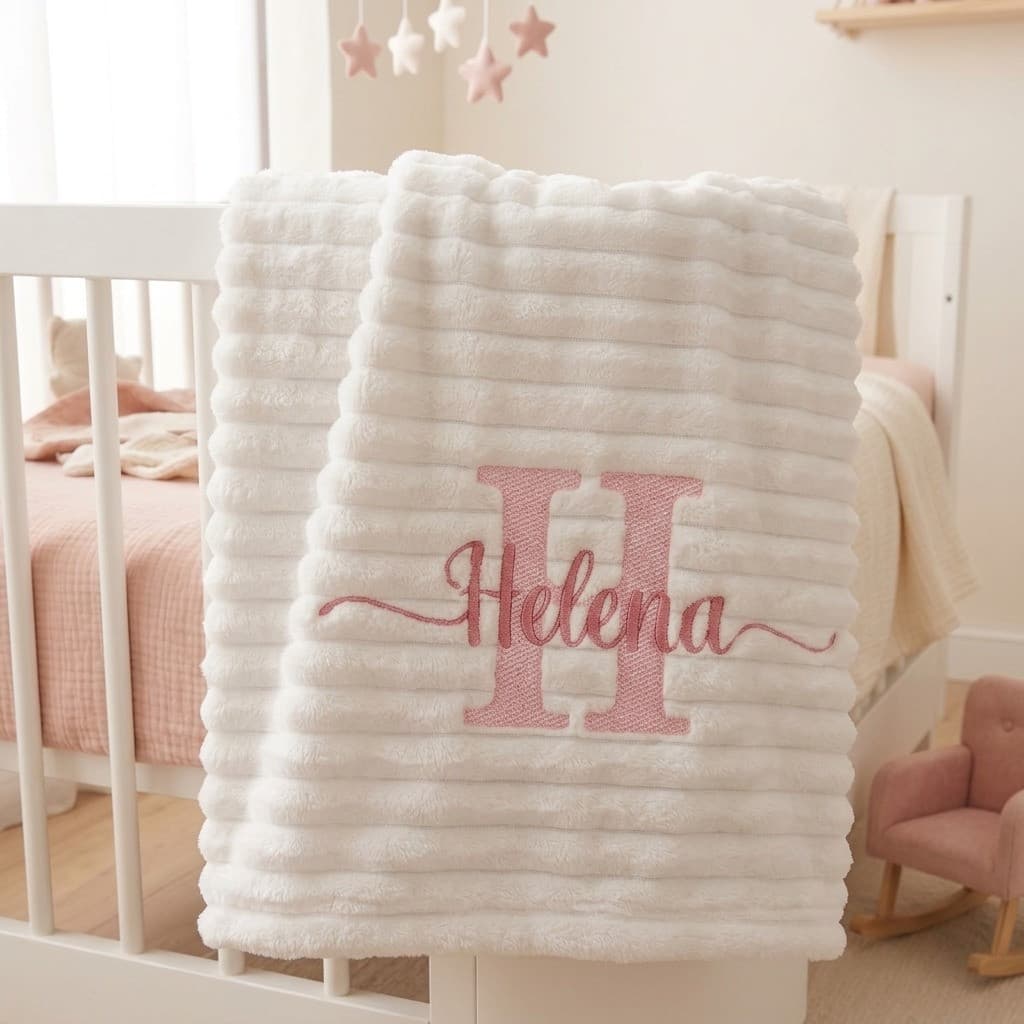 Manta Cobertor Berço Fleece Relevo Branca Personalizada Bordada Com Nome Bebê