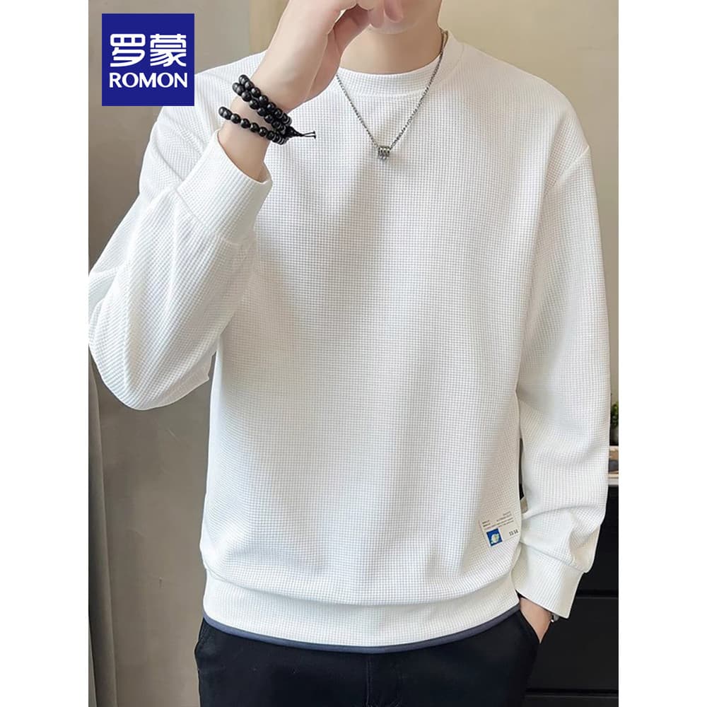 Lomon em torno do pescoço moletom masculino primavera novo estilo solto Casual camisa de fundo branco Waffle manga compr