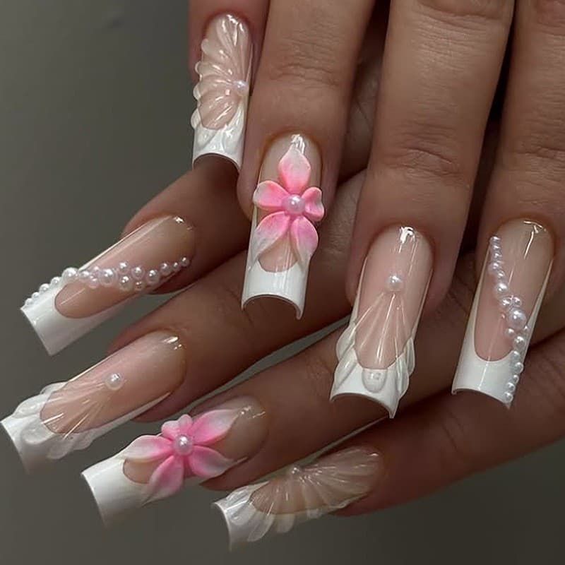 Novo simples estilo longo Wearable prego arco pérola Manicure francesa remendo bonito moda unhas falsas