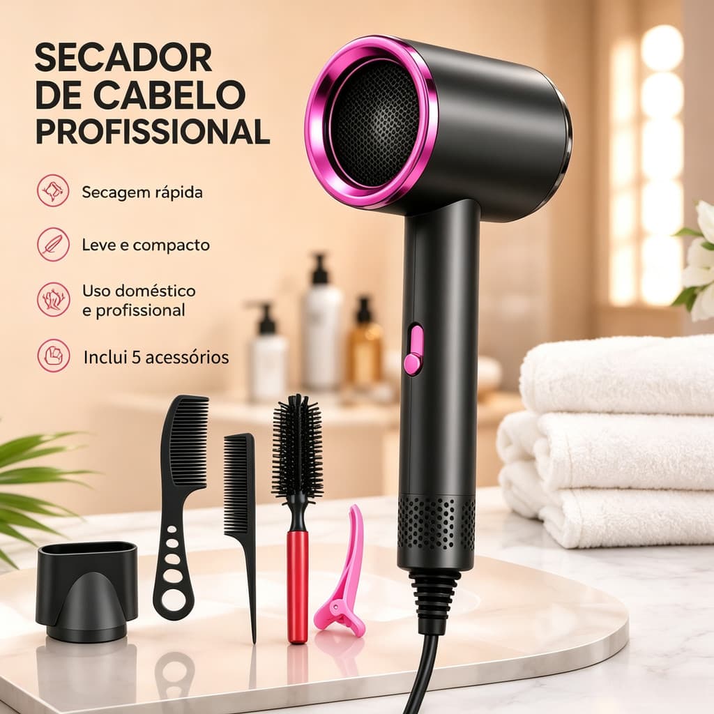 Secador de cabelo de 300 W e 110 V (com 5 acessórios) – Compacto e portátil, seca o cabelo rapidamente.