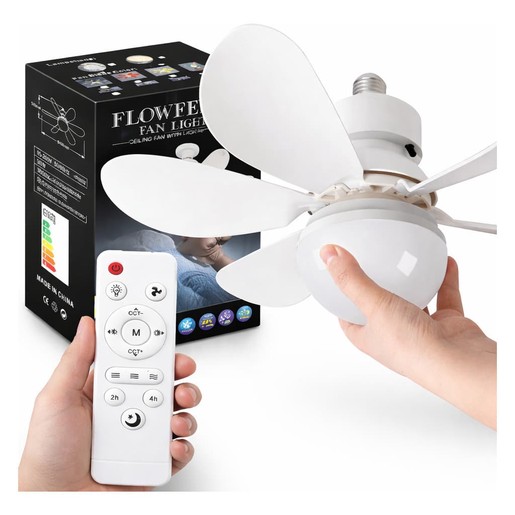 Ventilador de Teto E27 com LED 60W Controle Remoto Silencioso 3 Velocidades Luz Branca para Sala Quarto
