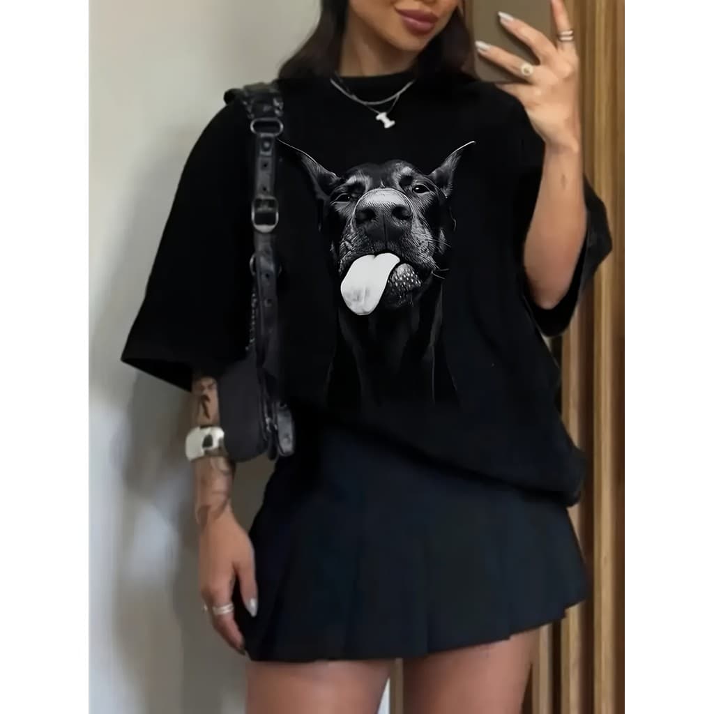 Camiseta Plus Size Feminina Estampada Cachorro Manga Curta Gola Redonda Casual Verão Treino 100% Algodão Academia
