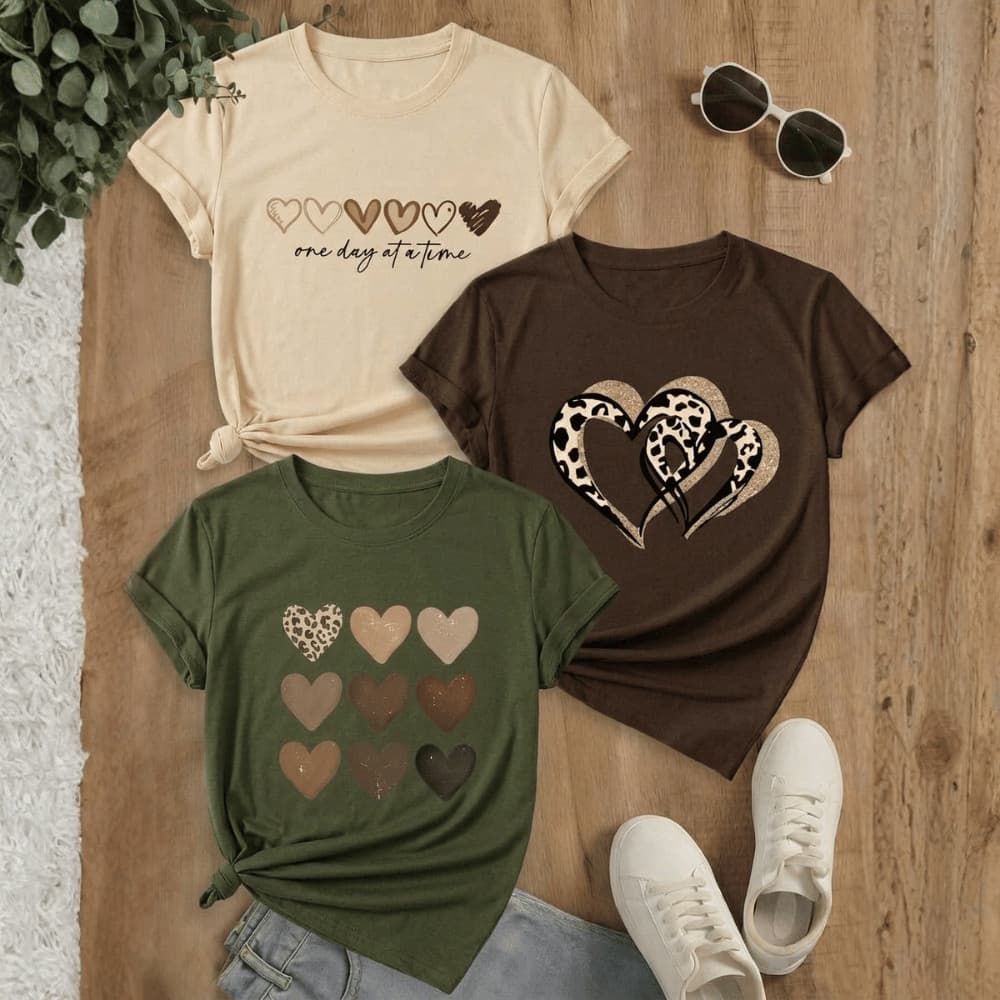 Kit 3 Camisetas Feminina de Algodão Coracao onça one day coracoes marrons Tumblr Malha Premium T-shirts