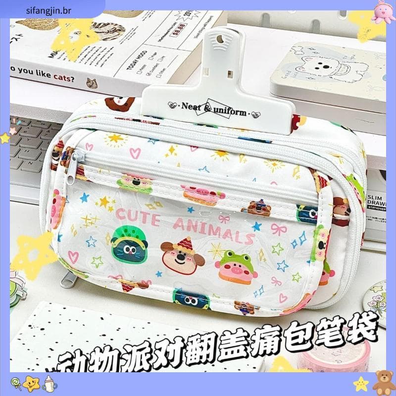 Animal Party Flip Pain Bag Pencil Case.ins Estojo de lápis de camada dupla de alto valor Bolsa de armazenamento de papel