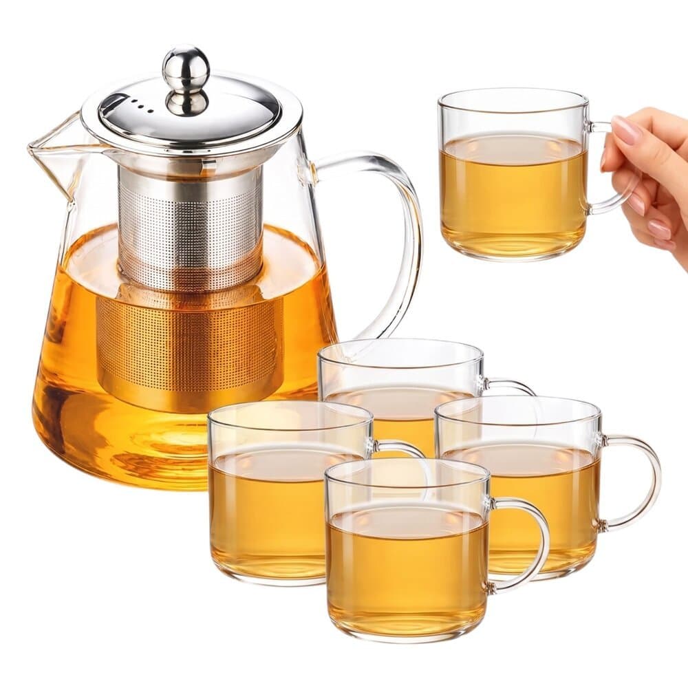 Bule de Vidro com Infusor 950ml + 4 Xícaras | Vidro Borossilicato Resistente ao Calor