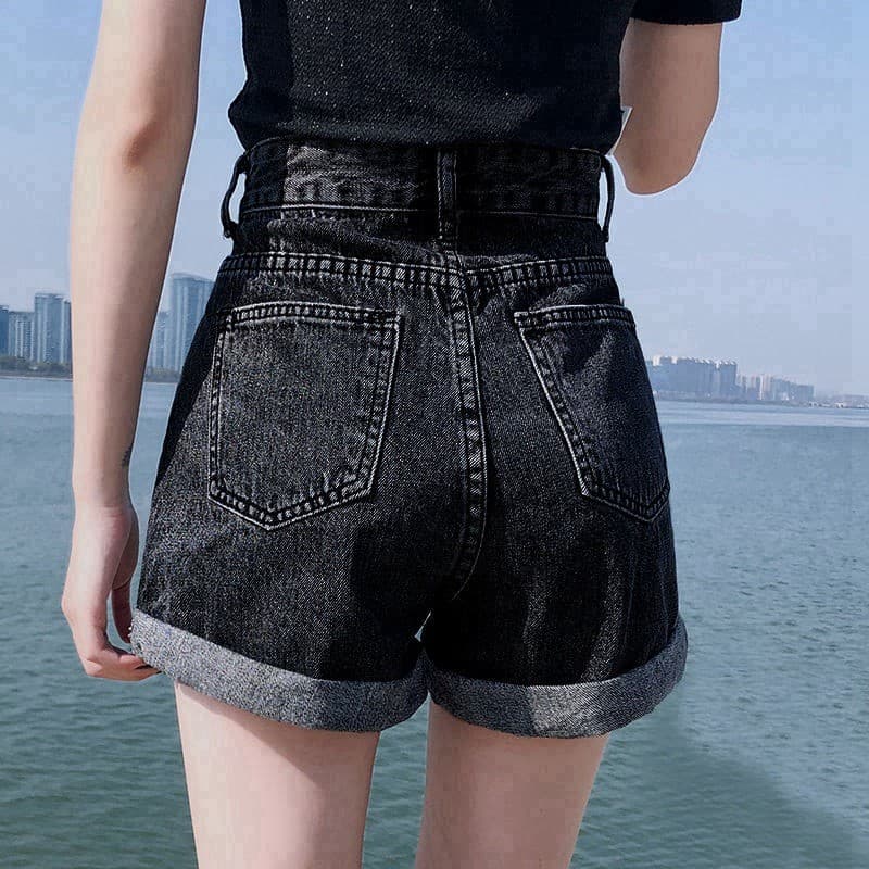 Cintura alta fina mais magro olhar Denim Shorts feminino solto a linha exterior usar borda enrolada perna larga calças q