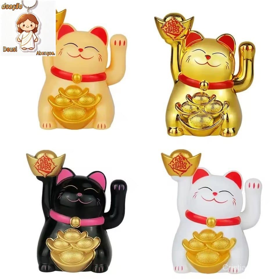 Gato da Sorte ManekiNeko Japonês Acenando Movido a Energia Solar Enfeite Decorativo