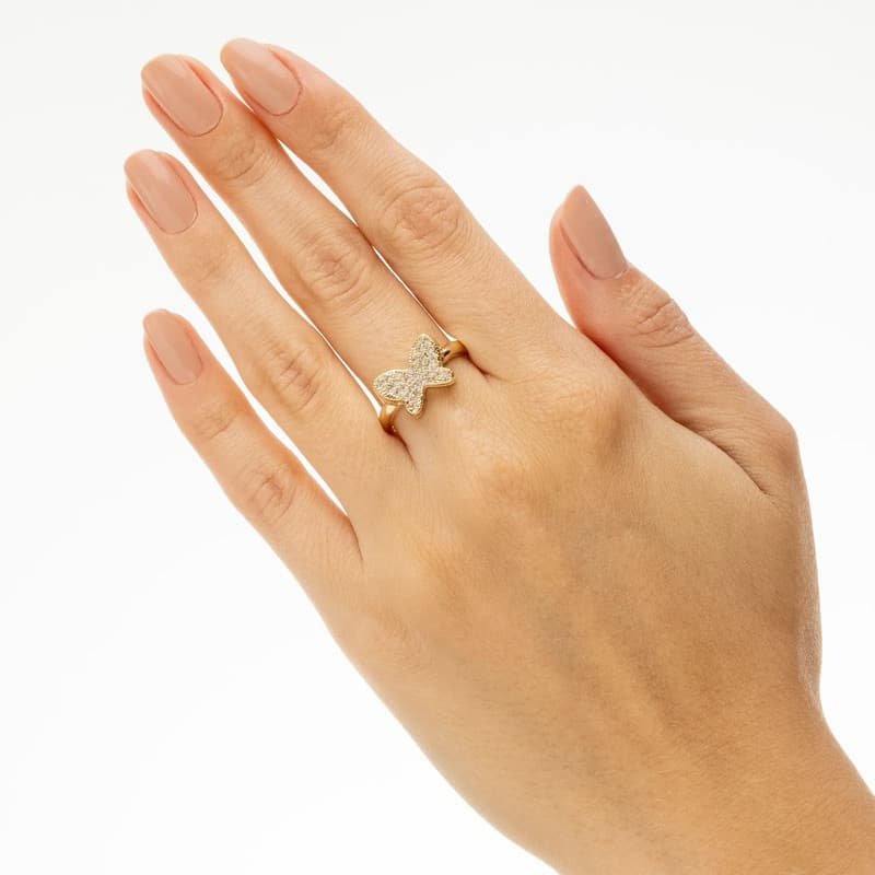 Anel Borboleta Cravejada Regulável Ouro 18k Ou Prata 925