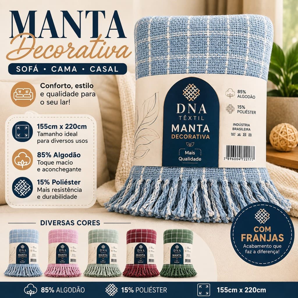 Manta Decorativa Sofá Cama Casal 155x220cm 85% Algodão 15% Poliéster com Franjas Xadrez Diversas Cores