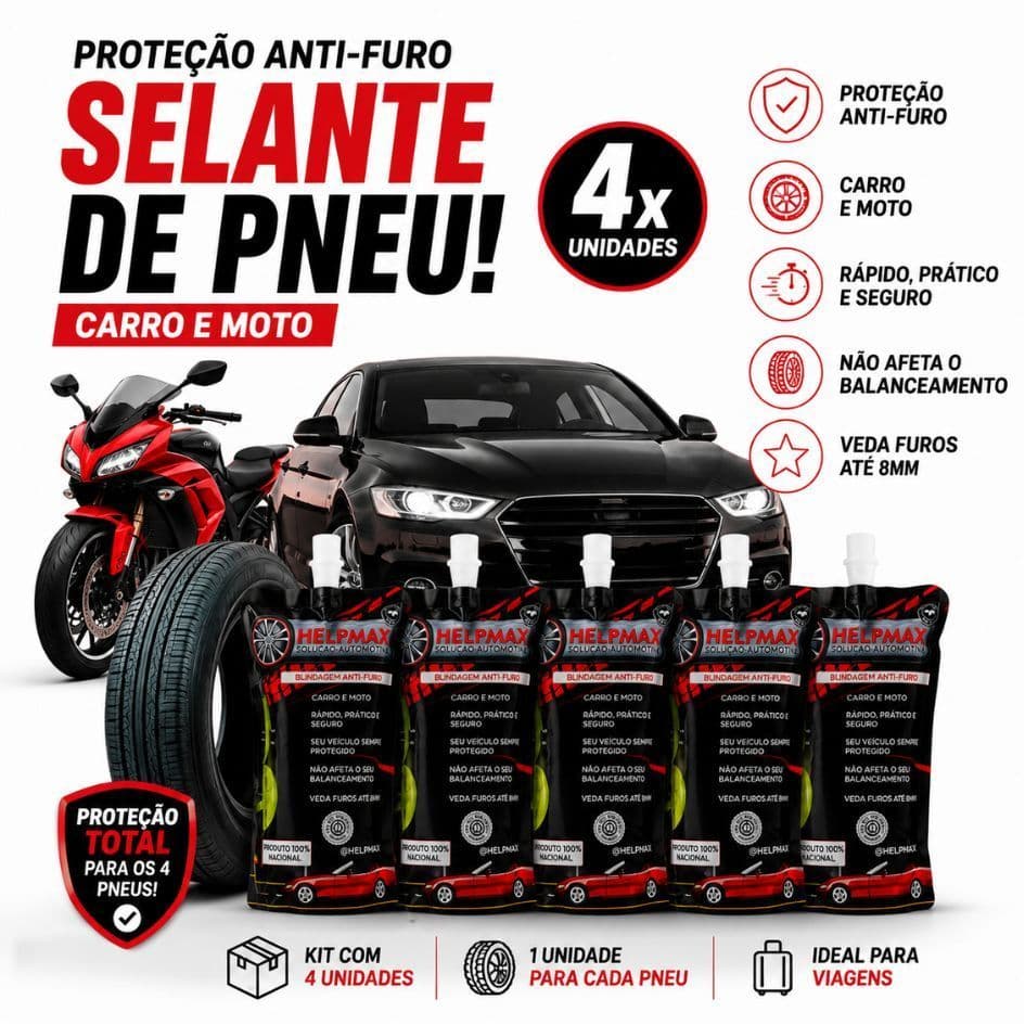 Kit 4  Selante Pneu Blindagem Anti-Furo 500ml - Para Carro e Moto - Não Afeta Balanceamento