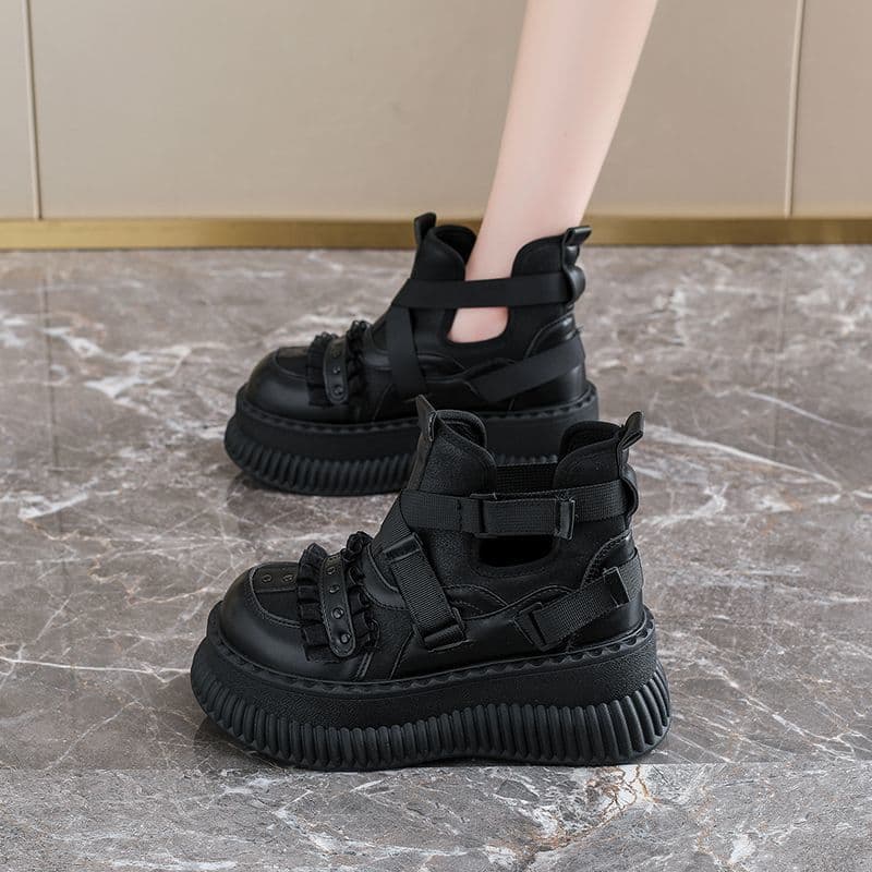Sapatos femininos 2025 novo estilo outono doce legal botas curtas de sola grossa Rock escuro quente menina cabeça grande