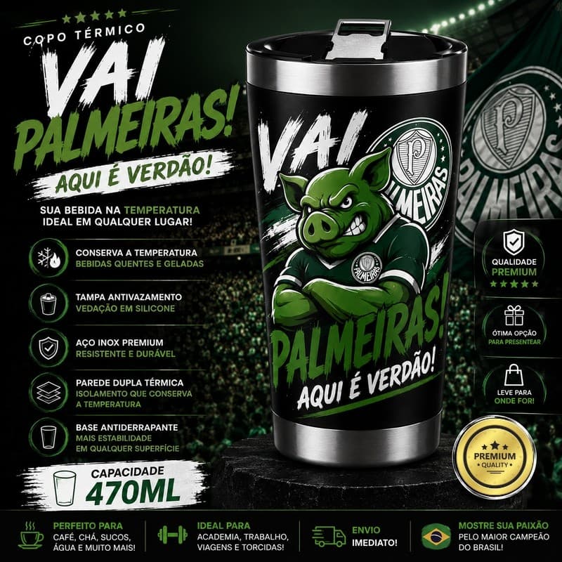 Copo Térmico Torcidas 470ml Inox Parede Dupla Tampa Antivazamento Bebidas Quentes e Frias