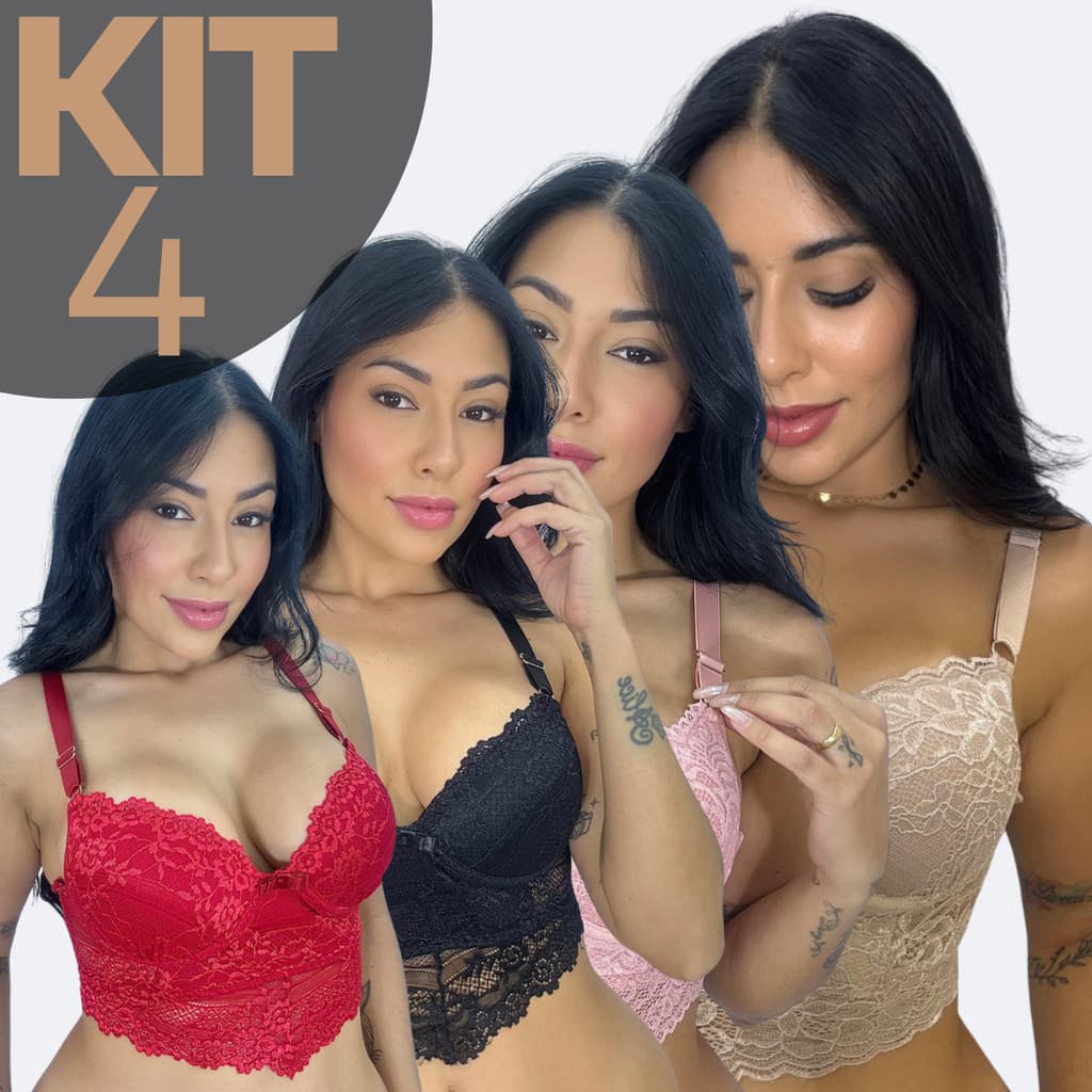 KIT 4 Sutiã Cropped Plus Size Reforçado Rendado com Alças Ajustáveis Lateral Larga Sutian De Renda Feminino Premium