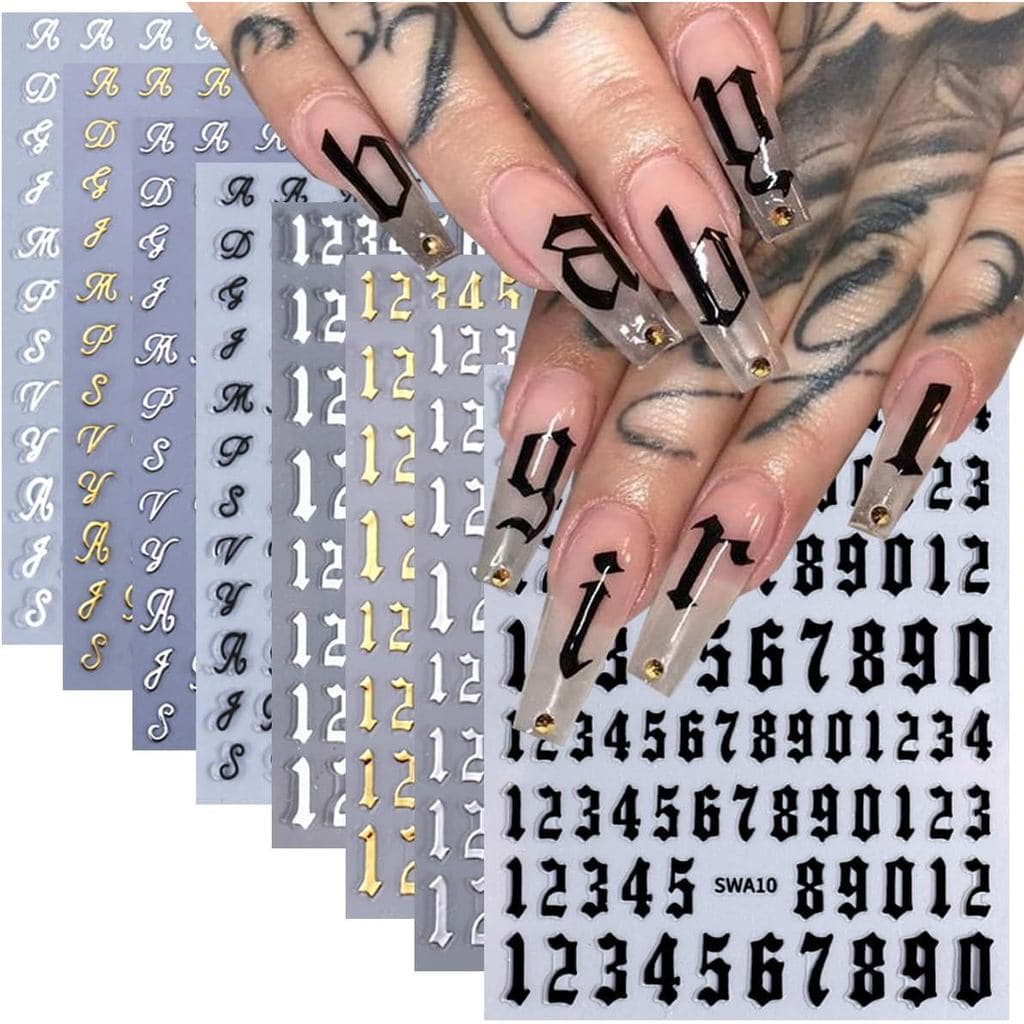 Adesivos 3D para Unhas com Letras e Números do Alfabeto Inglês, Decalques para Unhas em Preto, Dourado e Prateado, Desig