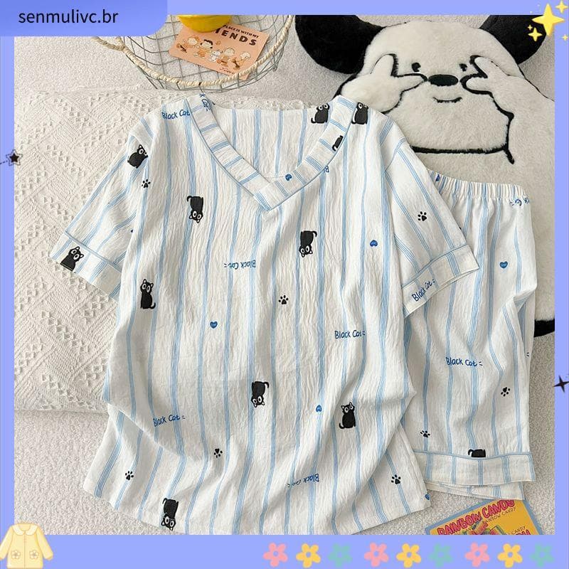 Bonito dos desenhos animados nuvem pijamas feminino verão de manga curta curto fino com decote em v xadrez estudante dor
