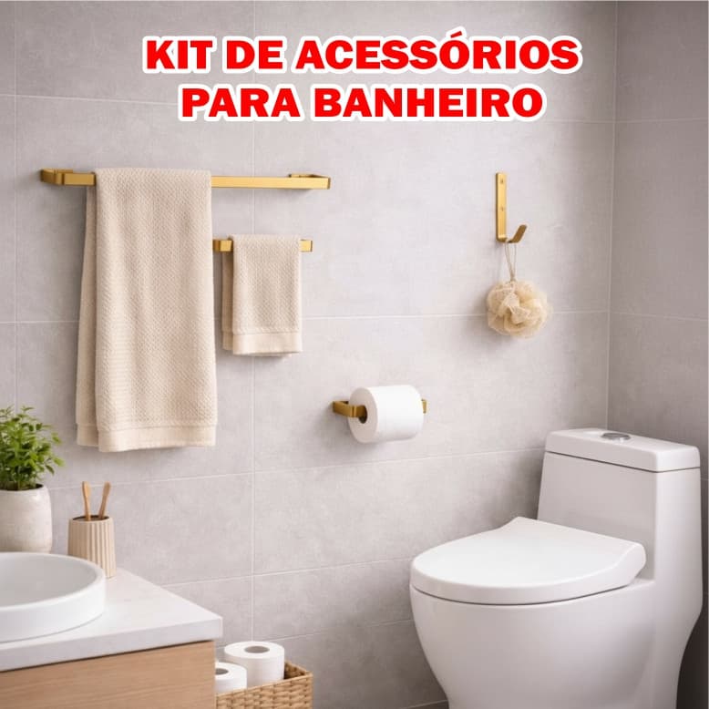 Kit banheiro acessórios porta toalha de banho toalha de rosto porta papel higiênico e gancho DOURADO