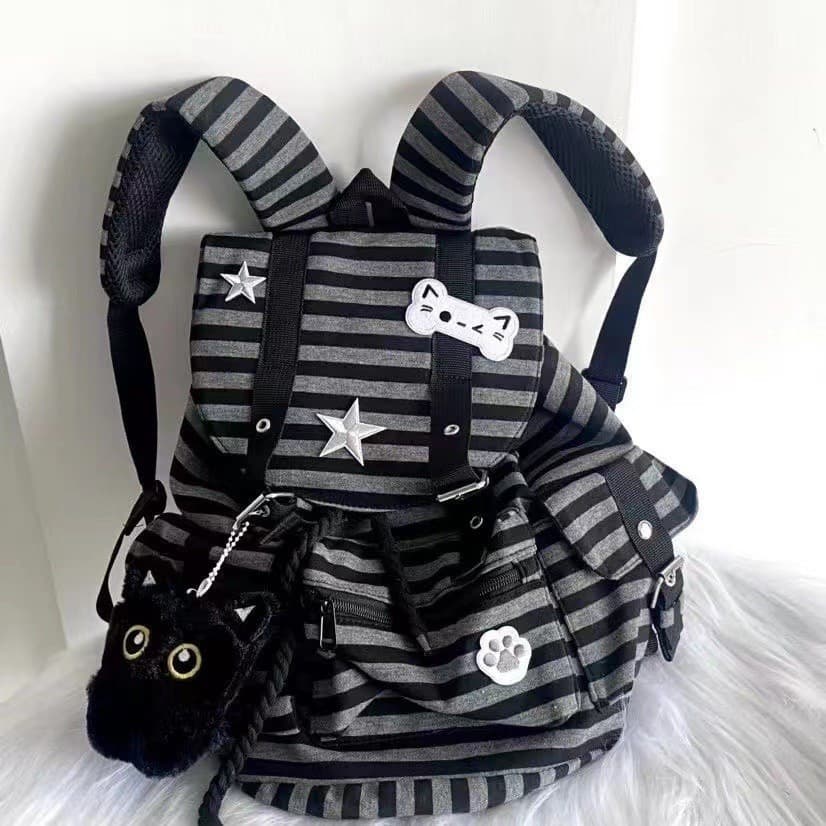 Nj Mesmo Estilo Funcional Retro Listrado Mochila Grande Capacidade Estudante Classe Lazer Bolsa Escola Bolsa