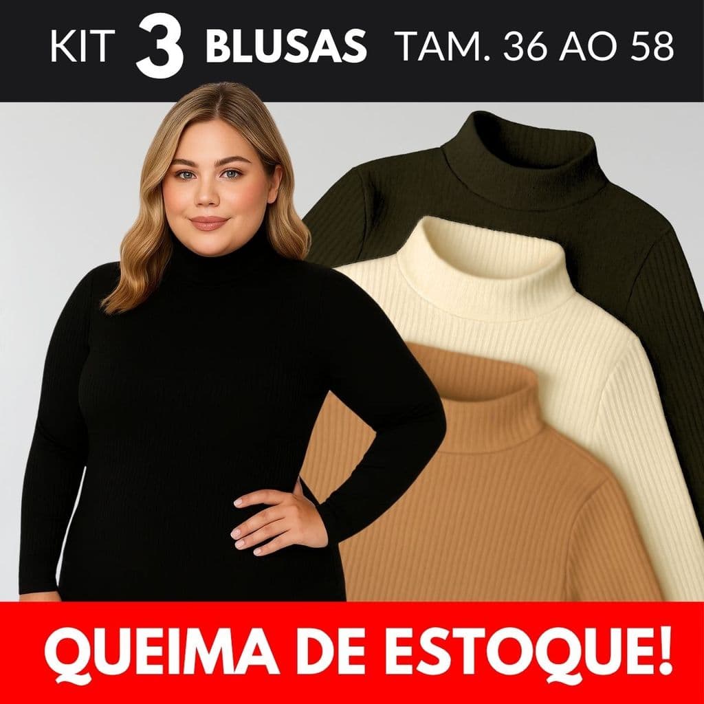 KIT 3 Blusa Manga Longa Feminina Elegante De Frio Segunda Pele Gola Alta Inverno Cacharrel Plus Size Manga Comprida