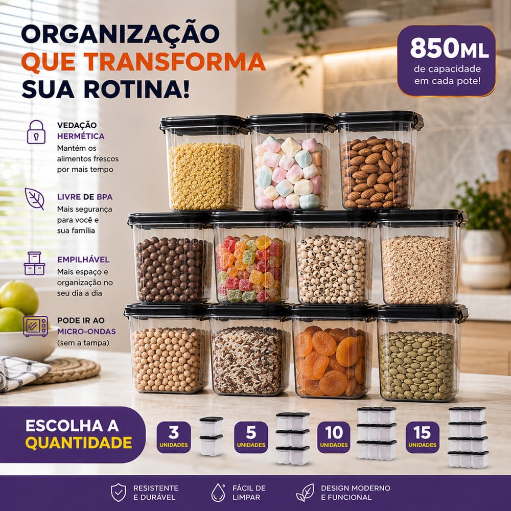 Kit Marmita Fitness Potes Plásticos 850ML P/ Microondas e Geladeiras Dietas Pote Hermético