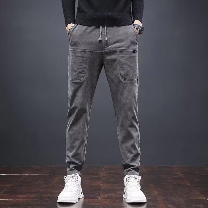 Calça masculina de veludo cotelê, modelo pequeno, ideal para outono e inverno, com vários bolsos e cintura elástica.
