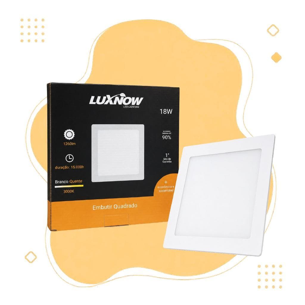 Painel Led Embutido Quadrado 18W 3000K - Luxnow - 22cm x 22cm - Branco Quente