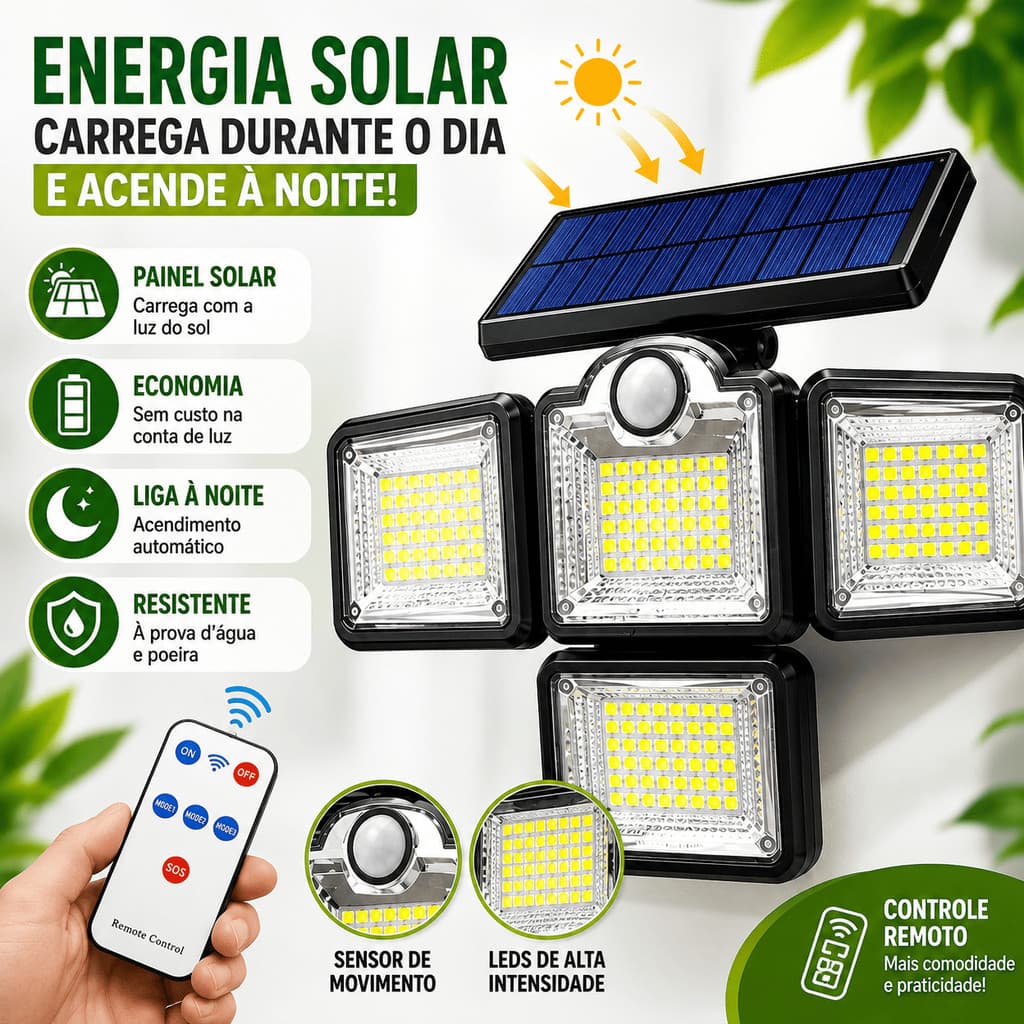 Luminária Solar 4 Cabeças Refletor LED 600W Com Controle Remoto Sensor De Presença Parede Poste À Prova Dágua