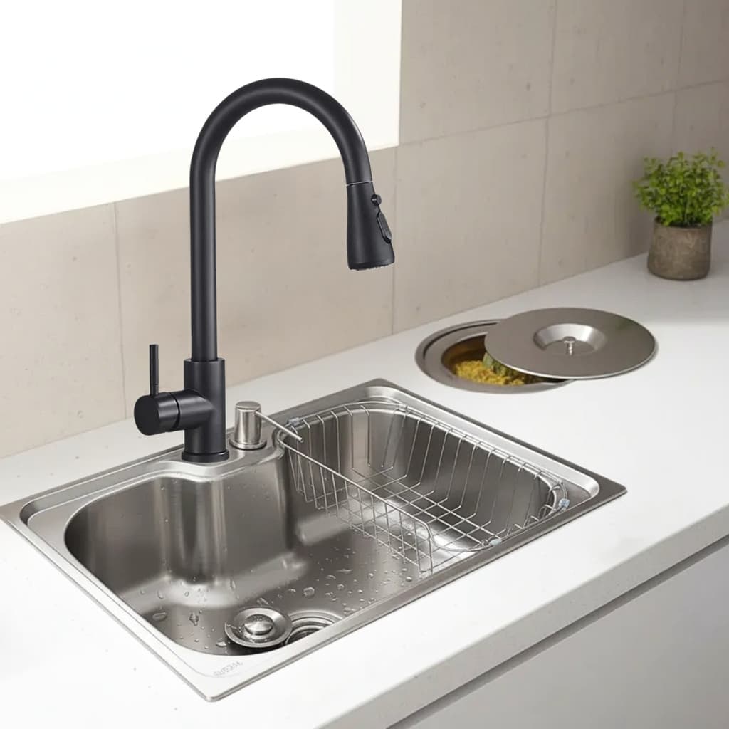 CUBA 60X42CM INOX ESCOVADO +TORNEIRA GOURMET PRETA E LIXEIRA
