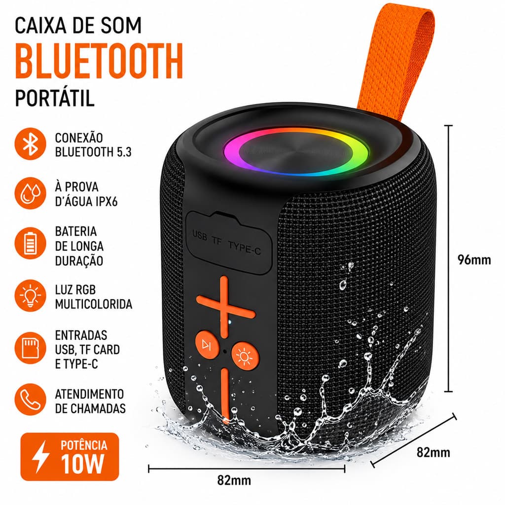Caixa de Som Bluetooth 50W com Luz RGB, À Prova d’Água para Festas e Praia KA-8779 E