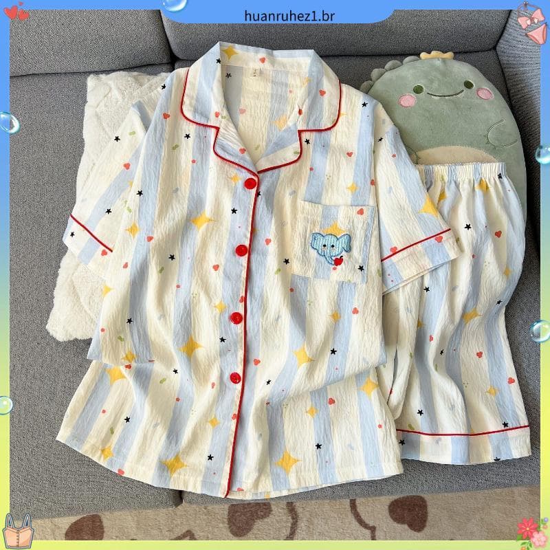 Nuvem macia algodão verão pijamas feminino bonito estrela elefante impressão Shorts de manga curta Cardigan Homewear ter