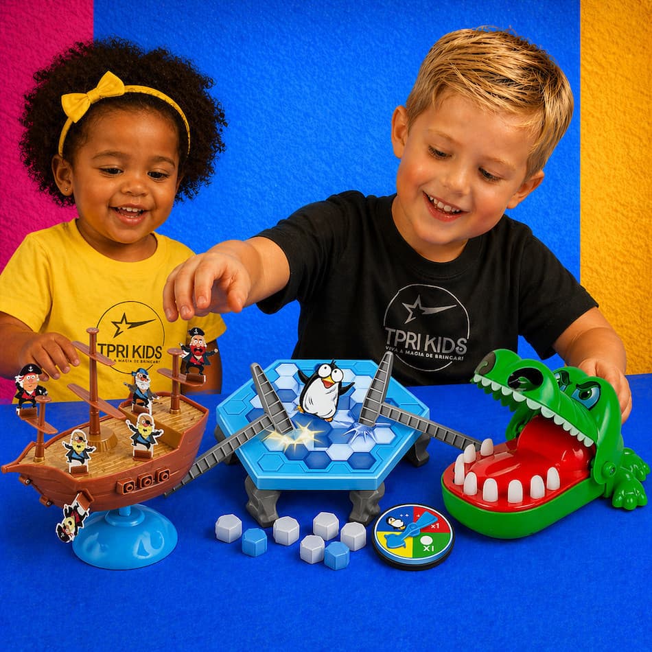 Kit 3 Jogos Brinquedo Infantil Educativo Navio Pirata + Crocodilo Morde Dedo + Pinguim Quebra Gelo