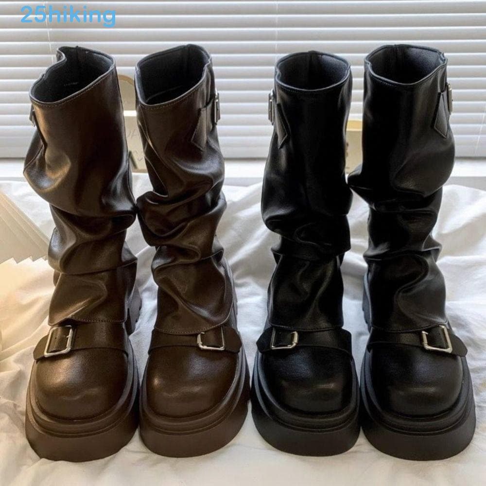 Botas Femininas De Motociclista , Novo Design Com Fivela De Cinto , Altas Até O Joelho , Estilo Rua Y2K Punk Mid Pipe