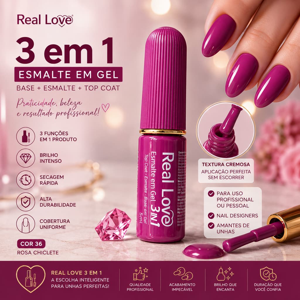 Esmalte em Gel Real Love 3 em 1 Cor 36 Rosa Chiclete 5ml UV LED Base Top Coat Brilho Intenso