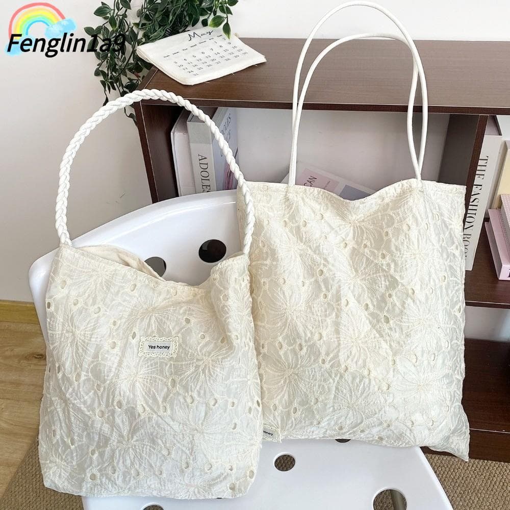 Sacolas Femininas FENGLINA , Bolsas De Ombro Bordadas Em Cor Branca , De Compras Com Acabamento Renda De Grande Capacida